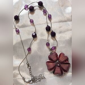Purple Flower Pendant Necklace With Added Station Beads On Silvertone Chain